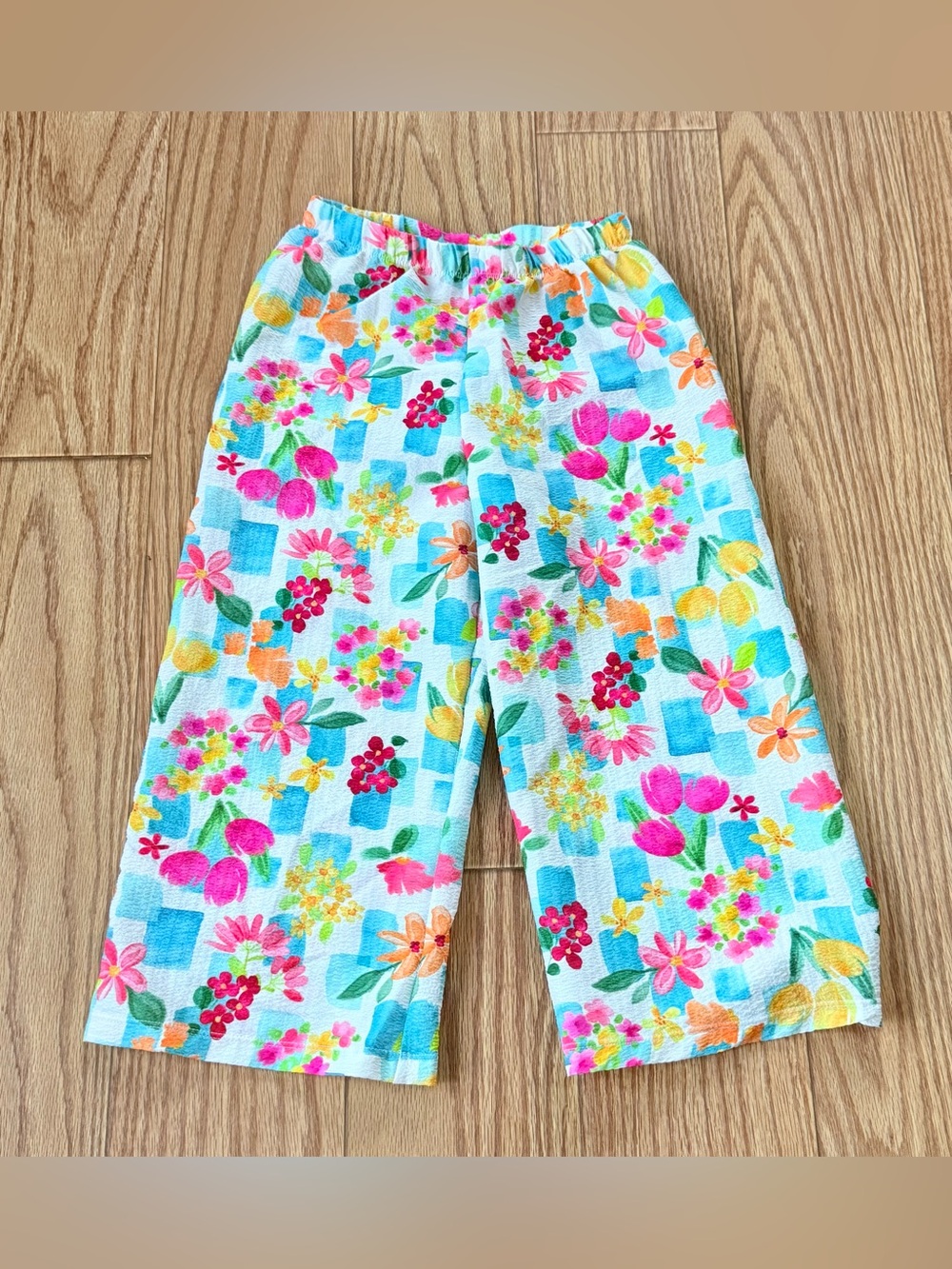Mayoral Floral Pajama Pants in White with Pink, Teal, Yellow and Orange Accents